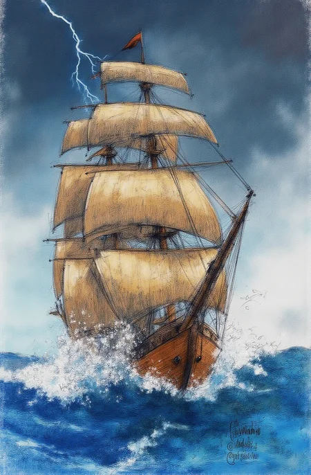 Sharp image of a rough sketch, rendered in vibrant multi colour ballpoint pen, capturing the adorable features of a digital illustration of a sailing ship in the ocean. The ship is a tall ship with multiple sails that are billowing in the wind. The sky is filled with dark clouds and lightning bolts, creating a dramatic and stormy atmosphere. The water is choppy and turbulent, with large waves crashing around the ship. The overall mood of the image is dramatic and dramatic.  p3nsk, <lora:p3nsk:1>