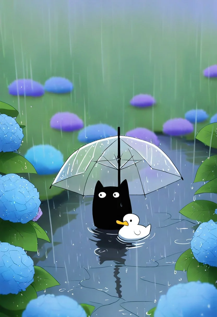 adventure time, masterpiece, best quality, good quality, very aesthetic, absurdres, newest, serene scene, rainy day, 1girl, girl, woman, sweet ltfashion, detailed eyes, detailed face, detailed skin, sitting, under an umbrella, transparent umbrella, by girl side, black cat, duck, small duck, white duck, seated on a wet pathway, near blooming hydrangeas, natural stone wall, calm atmosphere, introspective atmosphere, gentle raindrops, soft textures, delicate light, wet surface, and reflective surface, lush greenery, vibrant hydrangeas, depth of field, tranquil scene, sketch