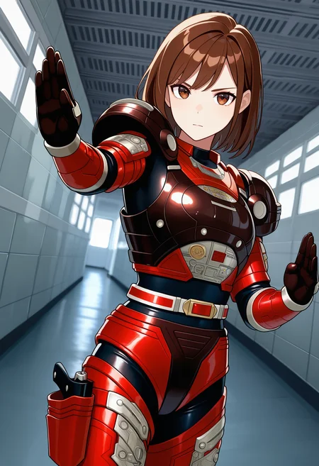 1girl, solo, R3ddle, armor, bodysuit, shoulder pad, gloves, belt, holster, brown hair, brown eyes, cowboy shot, dutch angle, looking at viewer, shiny clothes, fighting stance,
indoors, hallway, metal wall,
best quality, very aesthetic, masterpiece,