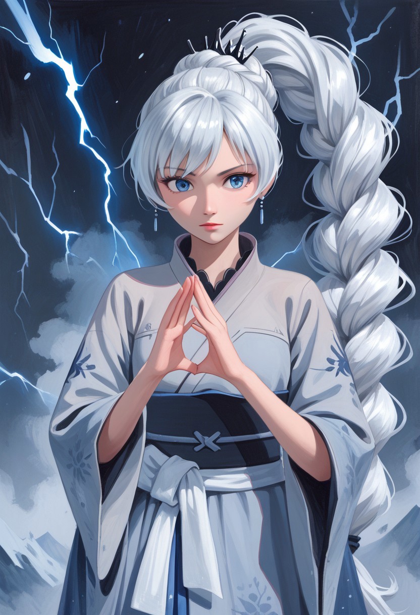 score_9, score_8_up, score_7_up,source_anime,  traditional media, painting (medium), watercolor (medium), high res image, masterpiece, best quality, beautiful eyes, perfect eyes, beautiful hands, perfect hands,
 Weiss Schnee, Weiss Schnee, long hair, ponytail, white hair, blue eyes, small breasts, mature body,  wearing a fancy Japanese kimono, holding a lightning, Jagged Mountains background, black and purple swirling colors in background, realistic lighting 3D, anime, art by michellekuku