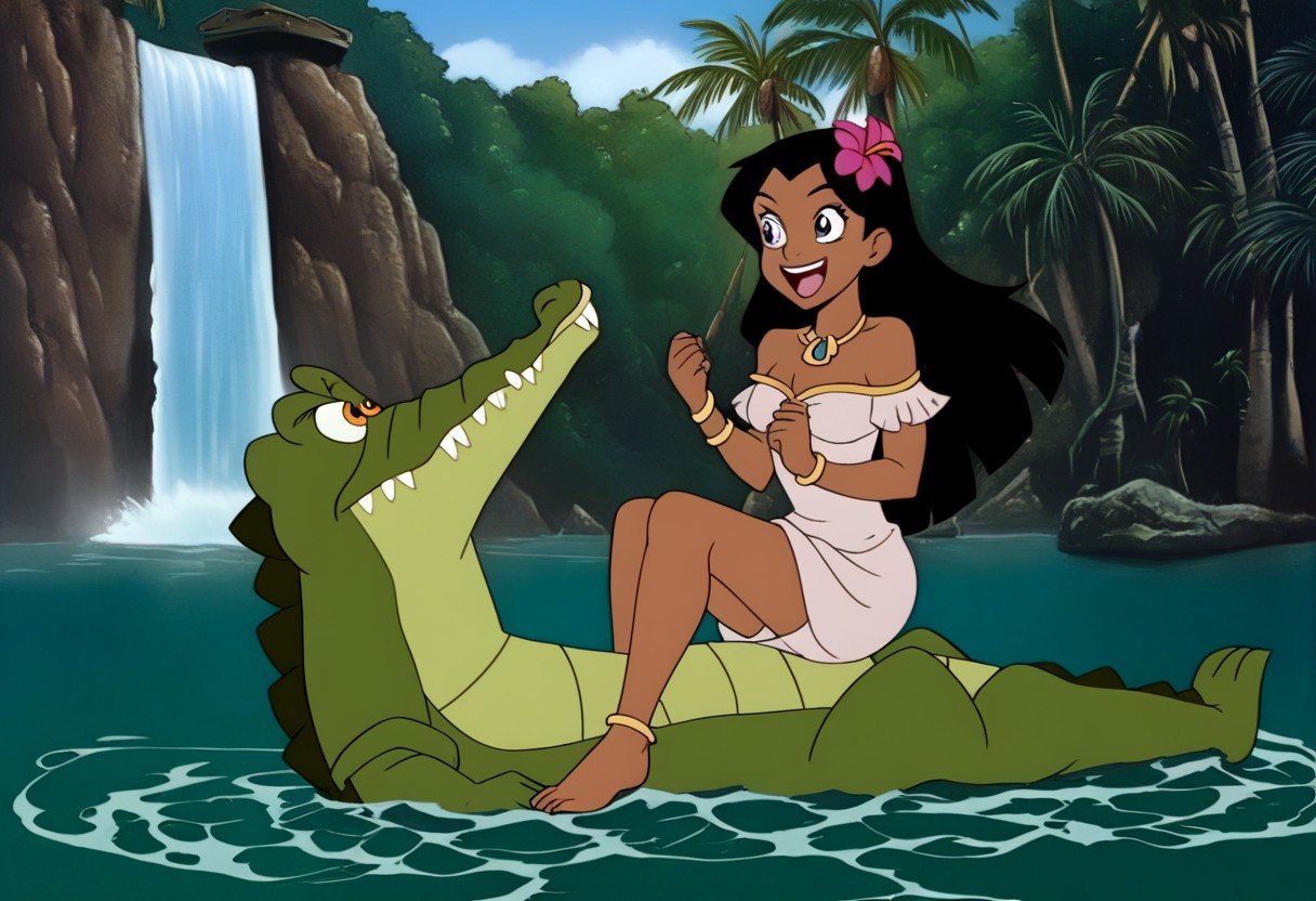 Tick tock crocodile,male animal focus,tail, crocodile open large mouth ,green skin, blue eyes, Tick Tock the crocodile is giant and very huge size,teeth, swimming in water,partially submerged,Tick Tock the crocodile looking at a young girl who she is sitting on rock cliff. Little_Girl_anime_manga,long hair, black hair, dark-skinned female,the girl her very smal size, purple eyes, et egyptian_clothe, chest_band,pink very long_tropical_dress, jewelry, dark skin, smile, necklace,hair flower, bracelet, anklet_grass, barefoot,open mouth,river,palm trees, jungle,temple, Disney, waterfall,anime, manga