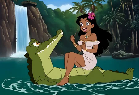 Tick tock crocodile,male animal focus,tail, crocodile open large mouth ,green skin, blue eyes, Tick Tock the crocodile is giant and very huge size,teeth, swimming in water,partially submerged,Tick Tock the crocodile looking at a young girl who she is sitting on rock cliff. Little_Girl_anime_manga,long hair, black hair, dark-skinned female,the girl her very smal size, purple eyes, et egyptian_clothe, chest_band,pink very long_tropical_dress, jewelry, dark skin, smile, necklace,hair flower, bracelet, anklet_grass, barefoot,open mouth,river,palm trees, jungle,temple, Disney, waterfall,anime, manga