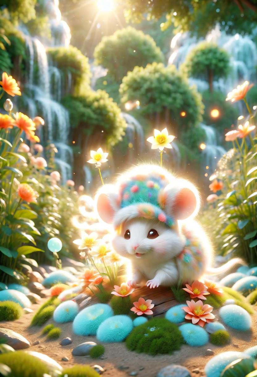 ral-fluff,<lora:ral-fluff:1>,
chibi,masterpiece,best quality,original,official art,silver metallic mice, hat,flower,blurred background,rendering,beautiful detailed glow,(detailed ice),beautiful detailed sun,sunny, blurred flower, happy