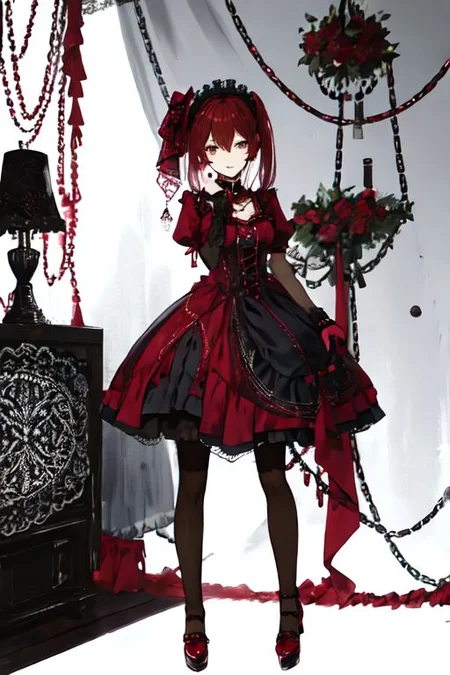 crimson_color dress, embroidery, jewelery, gown, frills, gloves/elbow gloves, high heels/shoes, pantyhose/thighhighs