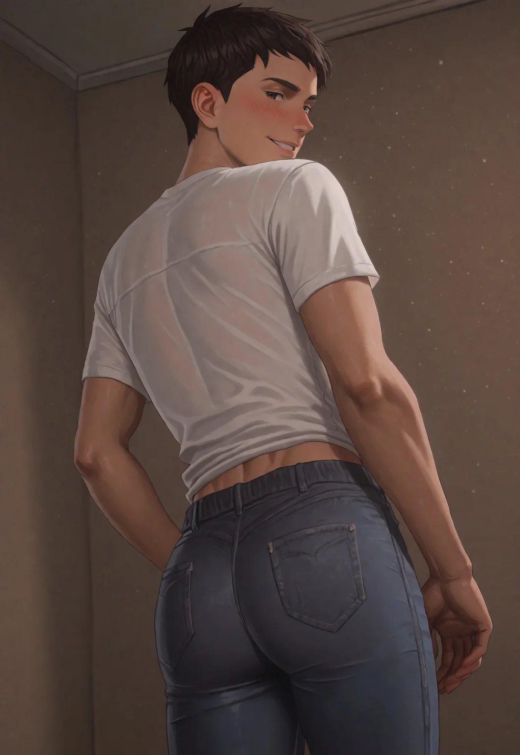 score_9, score_8_up, score_7_up, Masterpiece, Best Quality, beautiful eyes, detailed eyes, male focus, dynamic angle, dim lighting, blush lines, male focus, solo, face focus, back, back view, looking back at viewer, seductive smile, teeth, cowboy shot, standing,

((male)), ((mature)), ((adult)), handsome, sexy, ((skinny)), ((slim)), ((slender)), ((twink)), white shirt, tight blue jeans, small ass,

Sean D1az, short hair, dark brown hair, brown eyes, tan skin
