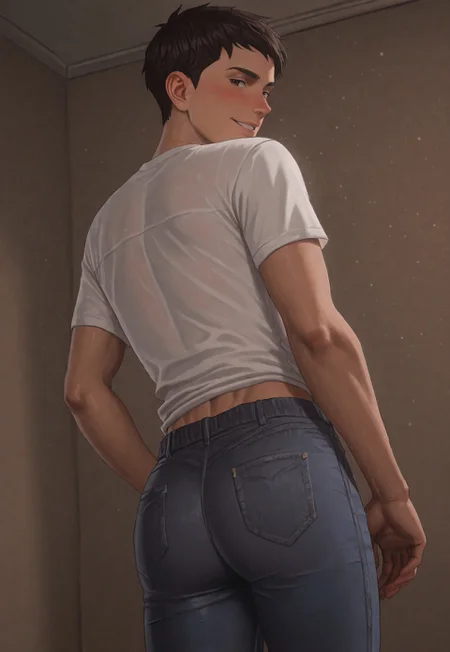 score_9, score_8_up, score_7_up, Masterpiece, Best Quality, beautiful eyes, detailed eyes, male focus, dynamic angle, dim lighting, blush lines, male focus, solo, face focus, back, back view, looking back at viewer, seductive smile, teeth, cowboy shot, standing,
((male)), ((mature)), ((adult)), handsome, sexy, ((skinny)), ((slim)), ((slender)), ((twink)), white shirt, tight blue jeans, small ass,
Sean D1az, short hair, dark brown hair, brown eyes, tan skin