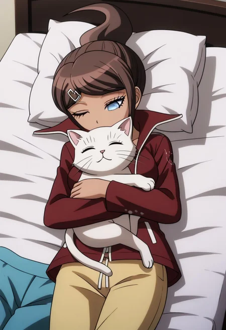 masterpiece, best quality, <lora:Danganronpa:1>, aoi, brown hair, blue eyes, hair ornament, dark-skinned female, ponytail, jacket, hairclip, pajamas, pajama pants, BREAK, bedroom, bed, sleeping, eyes closed, peacefully, cuddling, cat, cuddling with cat, under blanked,