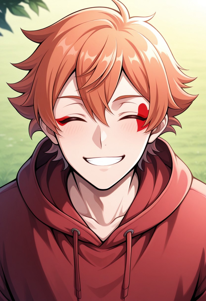 masterpiece,best quality,amazing quality, source_anime, 
acetrappola, 1boy, male focus, solo, closed eyes, orange hair, facial tattoo,  hoodie, red hoodie, hood, smile, happy, outdoor,