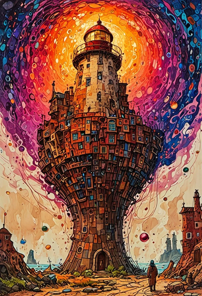 Dry riverbeds, historic rendering of an old lighthouse, square spaceship , digital artwork by Jacek Yerka, vibrant colors include cuware and births a building,  inside the surreal landscape of warped geometry and digital artwork by Beksinski, create a sense of detailed, abstract, trippy, 60s style, op art,  cell shaded, 8k. The composition includes overlapping circles, sharp-edged polygons, and fluid lines, all interwoven to create a sense of rhythm and flow.