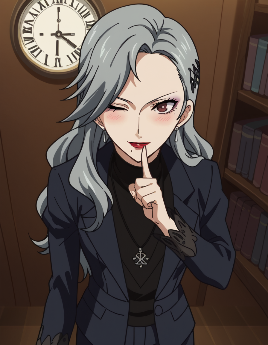 score_9, score_8_up, score_7_up, source_anime, <lora:sae-niijima-s1-ponyxl-lora-nochekaiser:1>, sae niijima, long hair, hair ornament, brown eyes, grey hair, makeup, lipstick, mole under mouth, red lips, medium breasts, mature female, anime screencap, long sleeves, jewelry, jacket, earrings, pants, necklace, coat, turtleneck,, clock tower, clock, height, landmark, hands, , <lora:shushing-ponyxl-lora-nochekaiser:1>, shushing, finger to mouth, index finger raised, from above, library, smile, blush, one eye closed, dutch angle,, looking at viewer, solo,, dutch angle, cowboy shot