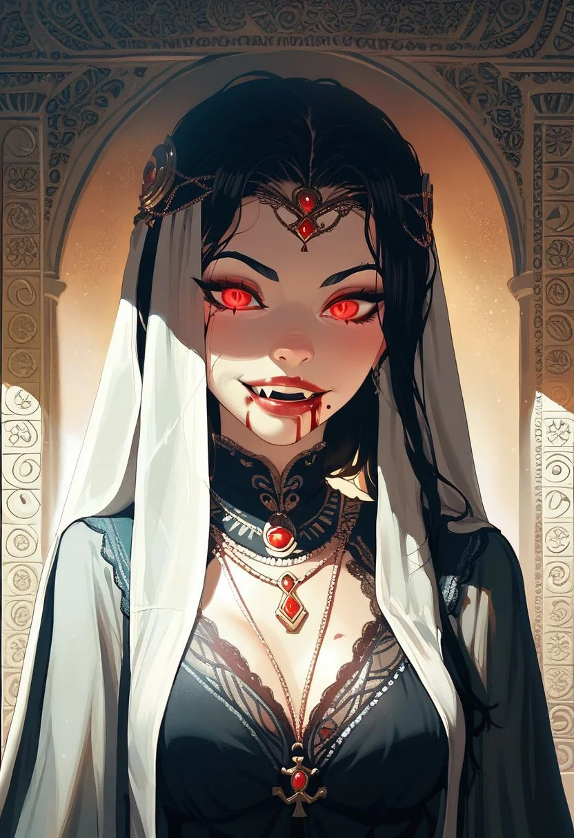 Score_9, Score_8_Upper, Score_8_Upper, Score_8_Upper, Score_8, solo, 1girl, anime, perfect face, bloody mouth, vampire sorceress, pale skin, black hair, black brows, scarlet eyes, glowing eyes, decorated robes, golden jewelry, black gothic full robes, stitch marks, stitched skin, ghastly pale skin,
night sky, egyptian temple background, fangs,