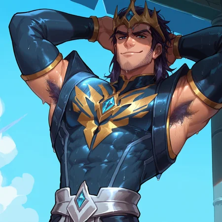 score_9, score_8_up, score_7_up, absurdres, intricate details, masterpiece, best quality, expressiveh, source_anime, screencap, high quality cg, 1boy, jarvan, Black skinsuit, medium hair, solo, male focus, castle interior background, torso and above portrait, narrow waist, tiny waist,one arm behind head, undressing, dripping sweat, wet armpit hair, excessive pube hair, excessive chest hair, v-taper, look at viewer, smirk, wolfconf, low angle,
shiny skin, shiny