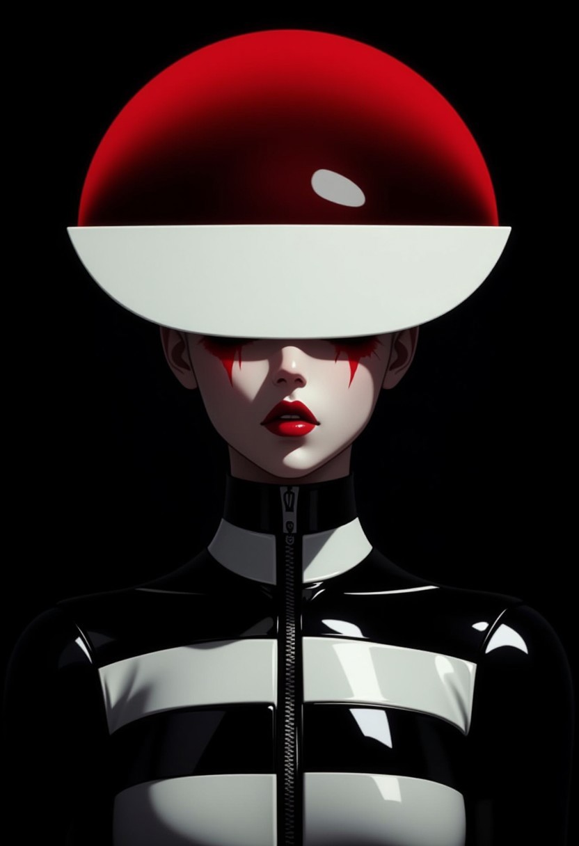 This is a highly stylized, digital artwork featuring a striking, androgynous figure against a solid black background. The subject is adorned in a futuristic, geometric costume with bold color combinations. The costume is primarily composed of horizontal black and white stripes, which create a stark contrast against the figure's pale skin. The headpiece is a large, circular shape with a gradient from red at the outer edge to white at the center, resembling a halo. The figure's face is painted in a dramatic, almost mask-like style, with a white base and striking red lips. The makeup around the eyes is heavily accentuated, giving a bold, almost exaggerated appearance. The overall aesthetic is minimalistic yet highly impactful, with a focus on clean lines and bold color contrasts. The image's lighting is carefully controlled, casting subtle shadows that accentuate the contours of the costume and the figure's features. The texture of the costume appears smooth and glossy, enhancing the futuristic and otherworldly feel of the artwork. The composition is symmetrical, with the figure centered and the headpiece extending beyond the frame, drawing the viewer's attention to the central subject.