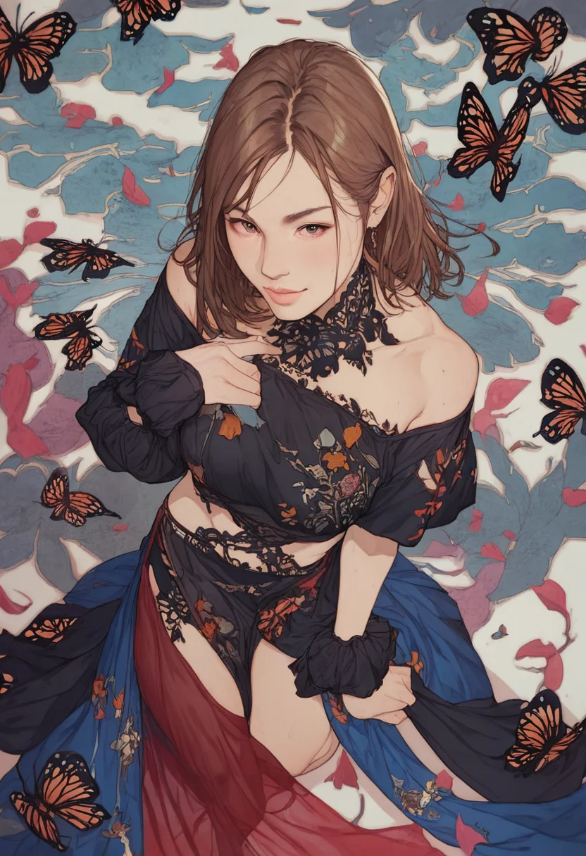 source_cartoon, score_9, score_8_up, score_7_up, 1girl, solo, looking_at_viewer, perfect eyes, embedding:zPDXL2 , Dancing as if surrounded by butterflies, from above, cropped torso, rating_sensitive, <lora:sdxl\pony diffusion\artist_styles\yasunari_ikenaga_pony:1.0>