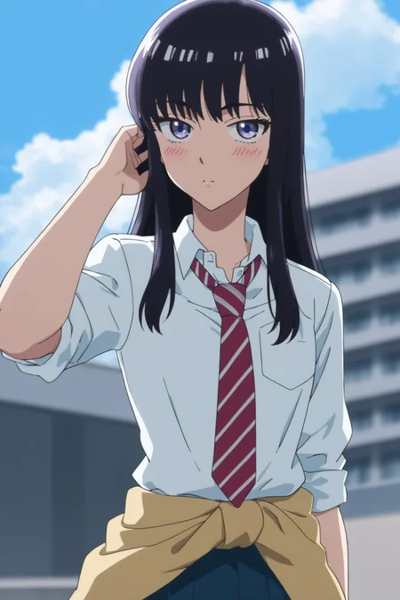 tachibana akira, long hair, black hair, purple eyes, tachibanaschool, school uniform, white shirt, collared shirt, sleeves rolled up, red necktie, striped necktie, clothes around waist, yellow sweater around waist, pleated skirt, blue skirt, black kneehighs, loafers, <lora:Akira_Tachibana:0.9>, score_9, score_8_up, score_7_up, score_6_up, score_5_up, source_anime, rating_safe, outdoors, sky, blue sky, skyscraper, 1girl, solo, looking at viewer, (dynamic pose:1.2), (upper body:1.2)