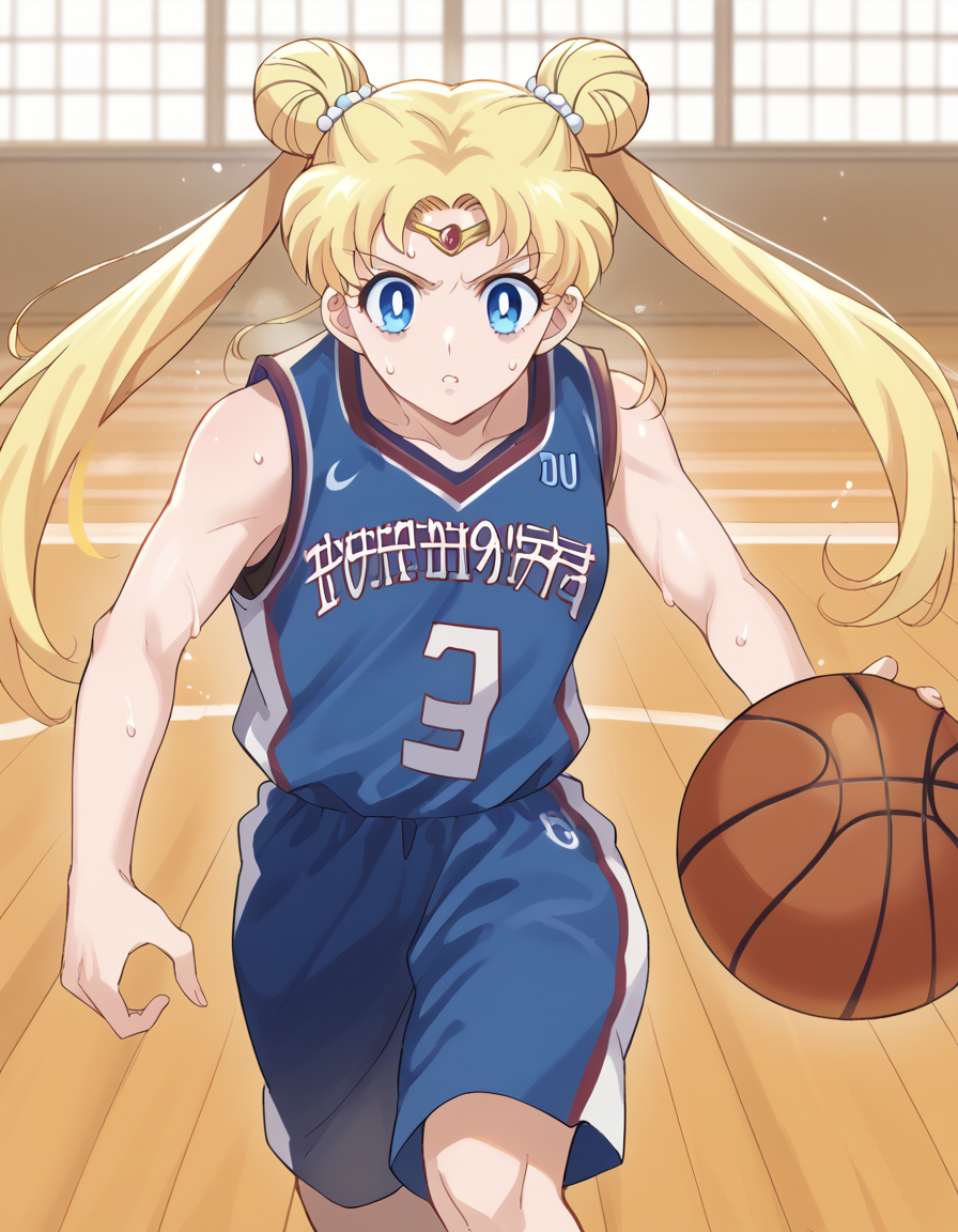 score_9, score_8_up, score_7_up, source_anime, <lora:usagi-tsukino-eternal-movie1-ponyxl-lora-nochekaiser:1>, usagi tsukino, blonde hair, blue eyes, double bun, hair bun, hair ornament, long hair, twintails, circlet, parted bangs,, <lora:basketball-dribbling-ponyxl-lora-nochekaiser:1> basketball dribbling, dribbling (basketball), basketball, basketball (object), basketball court, playing sports, ball, sweat, steam, running,, <lora:basketball-uniform-ponyxl-lora-nochekaiser:1> basketball uniform, basketball jersery, sportswear, jersey, shorts, sleeveless,, cowboy shot,