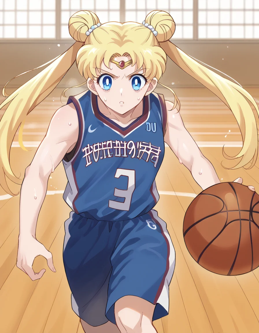 score_9, score_8_up, score_7_up, source_anime, <lora:usagi-tsukino-eternal-movie1-ponyxl-lora-nochekaiser:1>, usagi tsukino, blonde hair, blue eyes, double bun, hair bun, hair ornament, long hair, twintails, circlet, parted bangs,, <lora:basketball-dribbling-ponyxl-lora-nochekaiser:1> basketball dribbling, dribbling (basketball), basketball, basketball (object), basketball court, playing sports, ball, sweat, steam, running,, <lora:basketball-uniform-ponyxl-lora-nochekaiser:1> basketball uniform, basketball jersery, sportswear, jersey, shorts, sleeveless,, cowboy shot,