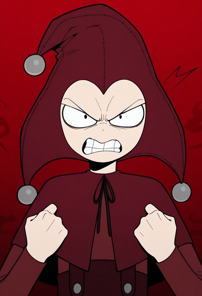 score_9, score_8_up, score_7_up, masterpiece, best quality, amazing quality, Jester Jesterson, 1boy, solo, jester, jester hat, jester cap, caplet, overalls, 4 fingers, black eyes, male focus, teeth, clenched teeth, looking at viewer, red background, angry, red headwear, upper body, detailed background
