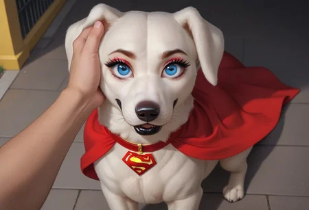 score_9, score_8_up, score_7_up, 2d, five fingers on the hand, 2girls, 2dog, score_explicit, source_furry, masterpiece, extremely detailed, outdoor, pavement, ((night)), looking at viewer, ((hand on head)), ((POV)), ((above view, )),
Superboy(/POV, 1boy, ((human, male)), faceless_male, standing,/),
Krypto(/superdog, krypto, superman symbol, dog, retriever, white retriever, ((white wool, white fur)), red cloak, ((animal, feral, dog, canine)), Detailed eyes, perfect face, perfect eyes, open eyes, huge hips, voluptuous, dump-truck ass, butt heavy, huge butt, big eyes, makeup, eyeshadow, big eyelashes, black lipstick, red choker, mascara, blue eyes, canine face, , fangs, , dog muzzle, large dog, /),