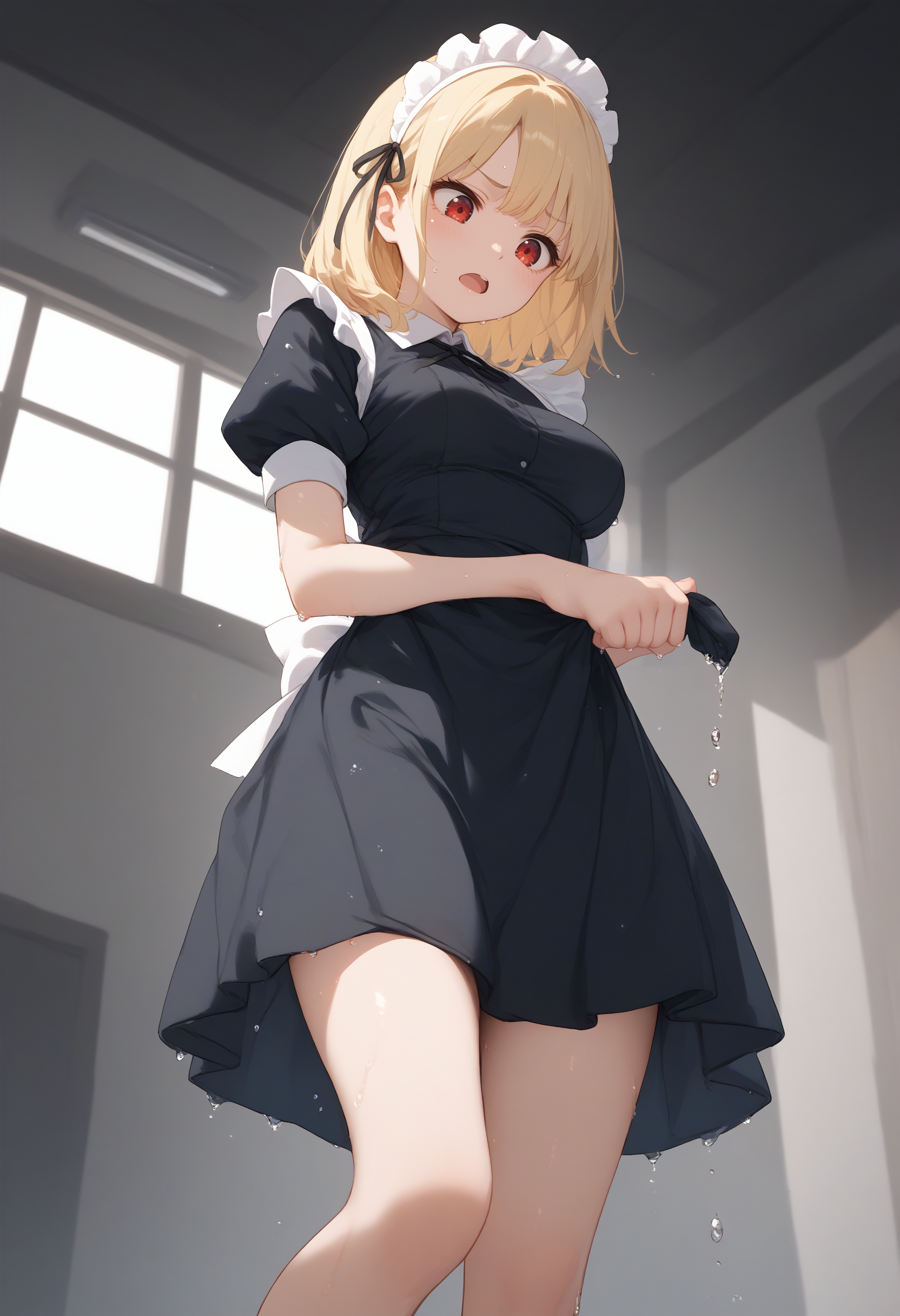 score_9, score_8_up, score_7_up, source_anime,
1girl,solo,medium breasts, maid, maid headdress,navel,
wringing clothes, wet clothes, wet hair, water drop,short sleeves, <lora:wringingclothes_Pony_v1:0.8>
ceiling, feet out of frame, looking down, blonde hair, red eyes,flustered, narrow dirty alleyway, open mouth, shiny hair,,