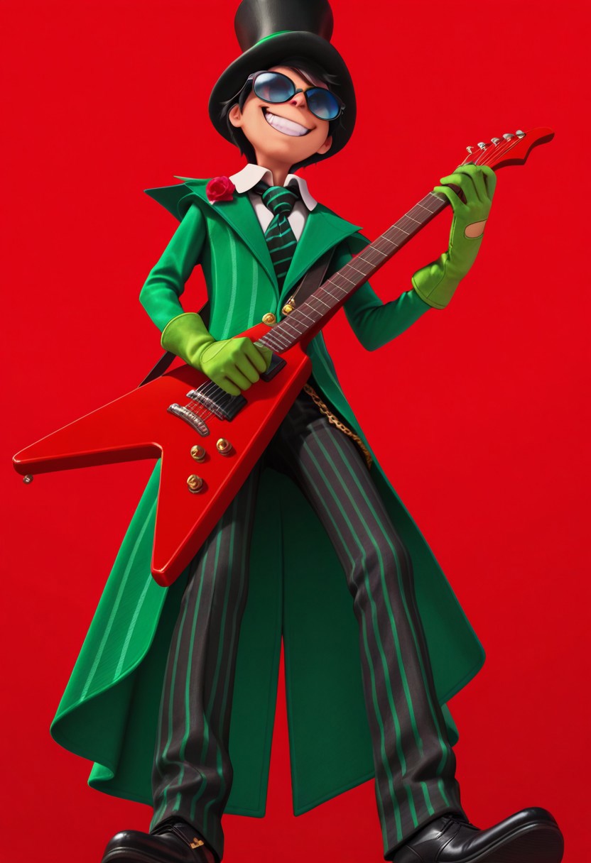 score_9, score_8_up, score_7_up, masterpiece, best quality, amazing quality, the once-ler, 1boy, solo, blue eyes, black hair, 1boy, black top hat with green stripe, long green tailcoat with light green stripes, black pants, long green gloves, sunglasses, gold chain on coat, black and green striped tie, black dress shoes, male focus, hat, smile, sunglasses, instrument, grin, guitar, top hat, necktie, suit, black hair, gloves, striped clothes, formal, red background, pants, striped pants, evil grin, looking at viewer, evil smile, from below, giant