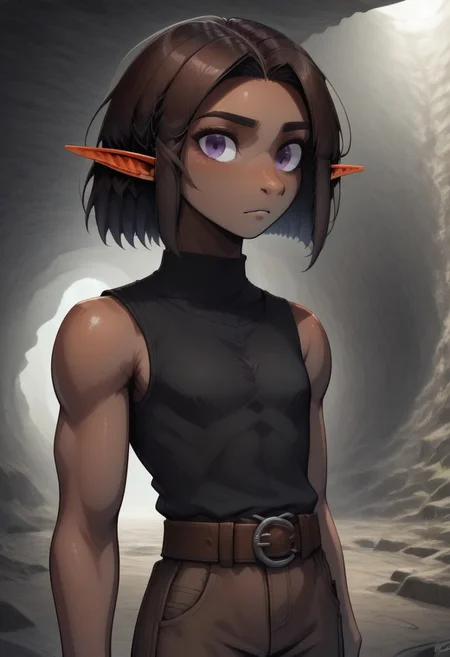 Repeta, 1 person, snout nose, solo, pointy ears, violet eyes, dark skin, dark brown hair, chin-length hair, parted hair, black sleeveless top, brown pants, brown belt,
organic cavern background,
Medieval style, Dutch angle,
Smooth colors, clean lines, high quality, best quality, masterpiece, score: 9, score: 8 up, rating: safe, source: semi-realistic,