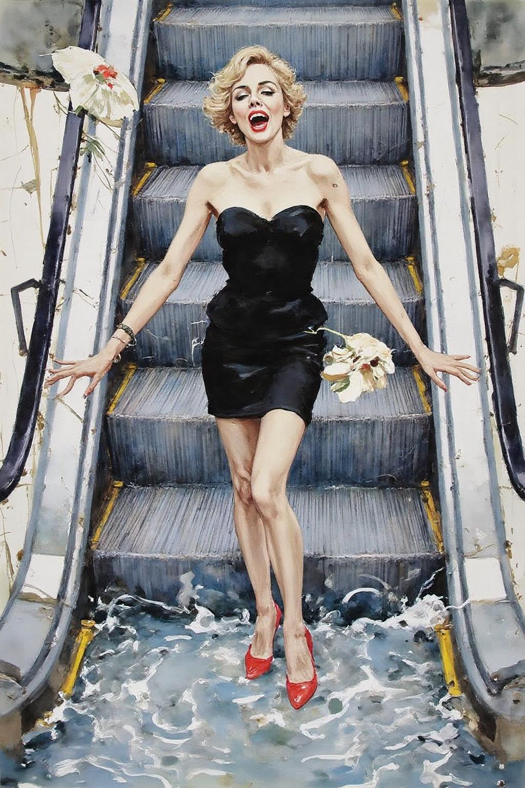 kard1 watercolor illustration
a woman in a chic little black dress and vibrant red high heels, gracefully descending an escalator. She wears black lipstick and is screaming. Her attire exudes elegance and sophistication, with the red heels providing a bold pop of color against the classic black dress. The escalator itself, typically found in a mall or airport, leads downwards into an unexpected and dreamlike destinationâ -- pool of rippling water. The water is blue and ripples as the escalator's steps disappear beneath the surface. The woman's posture is poised and confident, as she seems unperturbed by the unusual surroundings. The overall atmosphere is a blend of high fashion and surreal fantasy, capturing a moment that is both elegant and otherworldly,  <lora:kard1_cap_d6a3:1.0> <lora:yawcolor_nocap1_d4a2:0.8><lora:816590651824126836:0>