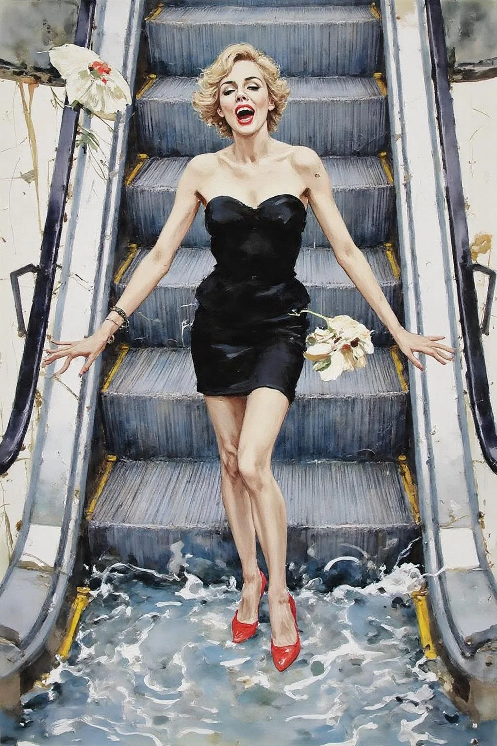 kard1 watercolor illustration
a woman in a chic little black dress and vibrant red high heels, gracefully descending an escalator. She wears black lipstick and is screaming. Her attire exudes elegance and sophistication, with the red heels providing a bold pop of color against the classic black dress. The escalator itself, typically found in a mall or airport, leads downwards into an unexpected and dreamlike destinationâ -- pool of rippling water. The water is blue and ripples as the escalator's steps disappear beneath the surface. The woman's posture is poised and confident, as she seems unperturbed by the unusual surroundings. The overall atmosphere is a blend of high fashion and surreal fantasy, capturing a moment that is both elegant and otherworldly, <lora:kard1_cap_d6a3:1.0> <lora:yawcolor_nocap1_d4a2:0.8><lora:816590651824126836:0>
