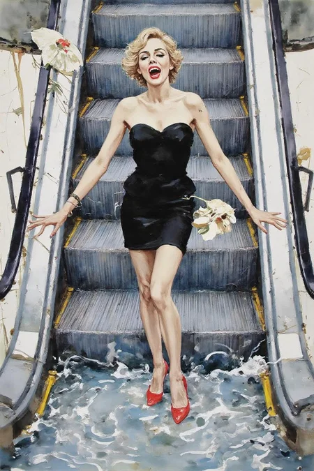 kard1 watercolor illustration
a woman in a chic little black dress and vibrant red high heels, gracefully descending an escalator. She wears black lipstick and is screaming. Her attire exudes elegance and sophistication, with the red heels providing a bold pop of color against the classic black dress. The escalator itself, typically found in a mall or airport, leads downwards into an unexpected and dreamlike destinationâ -- pool of rippling water. The water is blue and ripples as the escalator's steps disappear beneath the surface. The woman's posture is poised and confident, as she seems unperturbed by the unusual surroundings. The overall atmosphere is a blend of high fashion and surreal fantasy, capturing a moment that is both elegant and otherworldly, <lora:kard1_cap_d6a3:1.0> <lora:yawcolor_nocap1_d4a2:0.8><lora:816590651824126836:0>