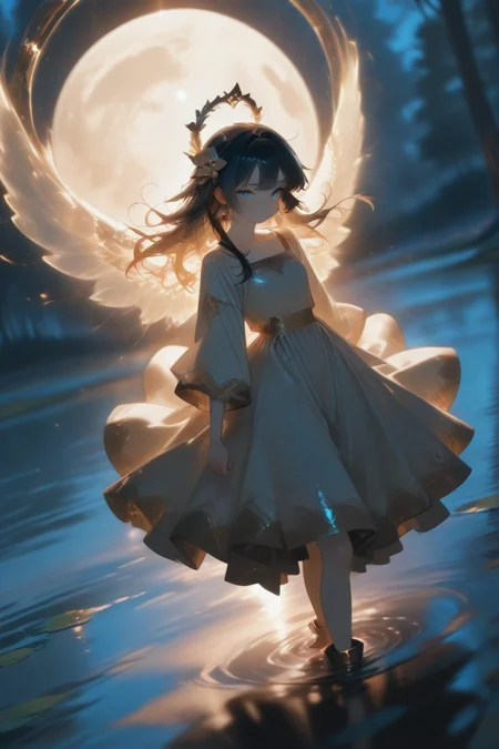 <lora:ponyv6_noobV1_2_adamW:1>
<lora:Dark_Angel_IL:1>
1girl, angel wings, anklet, autumn leaves, beetle, bird, black feathers, black hair, black wings, blonde hair, blue eyes, blurry background, blush, broken chain, butterfly on hand, city lights, closed mouth, collarbone, dragonfly, dress, earrings, earth \\(planet\\), fiery wings, floating hair, flower, forest, full moon, hair ornament, jewelry, kashiwazaki sena, lake, light particles, lily pad, long hair, looking at viewer, orange sky, orb, single wing, solo, star \\(sky\\), tanzaku, water, white wings