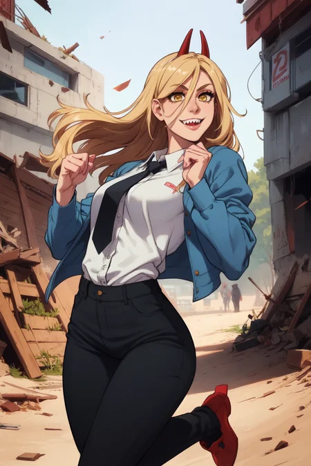 1girl, (solo:1.2), (jumping:1.3), (mid air:1.3), (cowboy shot:1.5), smile, happy, (masterpiece:1.3), (best quality:1.3), (perfect anatomy:1.4), highly detailed, <lora:Power [justTNP - v1.0]:1> power \(csm\), sharp teeth, symbol-shaped pupils, cross-shaped pupils, blonde hair, yellow eyes, blue jacket, collared shirt, black necktie, black pants, (post fight scenery:1.3), rubble, outside, daylight, <lora:Feguimel [MockAi - v1.0]:0.8> feguimel, soft shading, realistic proportions