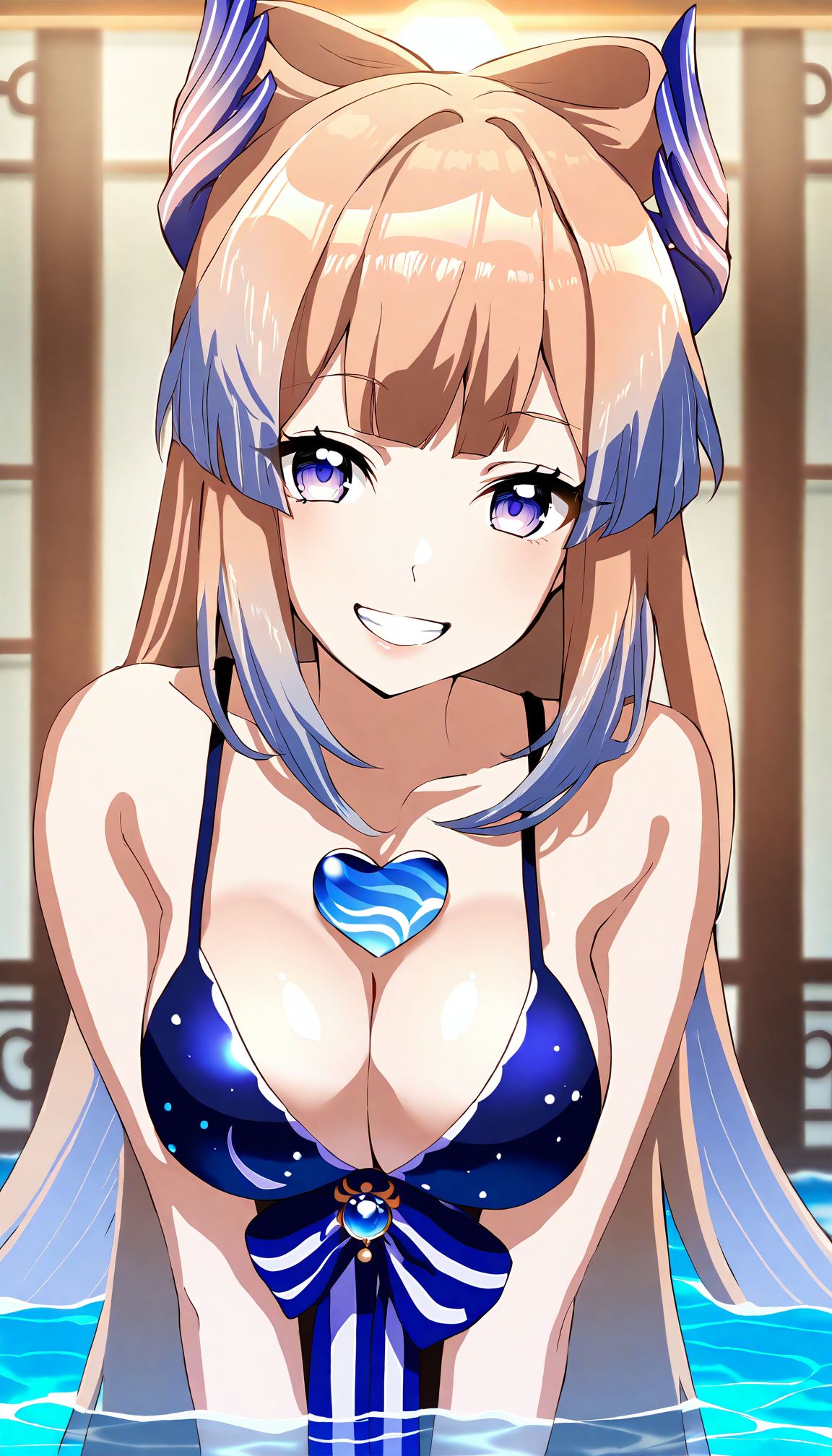 1girl,solo,sangonomiya kokomi,swimsuit,genshin impact,portrait,(from front:1.1),pool,heart hands,standingsmile,grin,looking at viewer,breasts,cleavage,bangs,masterpiece,best quality,<lora:MadHouseXL-Anime_Style-000006:1>,madhouse-Animestyle,