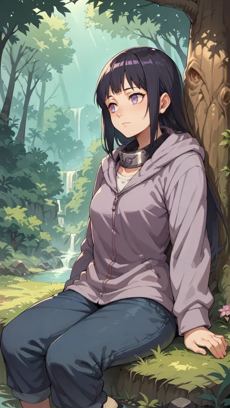 score_9,score_8_up,score_7_up,score_6_up, source_anime, zPDXL, girl, long hair, black hair, purple eyes, empty eyes, purple hooded jacket, headband around neck, konohagakure symbol, blue pants, <lora:Wakfu_CartoonV02:0.5>, <lora:xl_more_art-full_v1:0.5>, <lora:Hinata Hyuga-000004:0.8>, sleeping, deep forest, tall grass, oak trees,