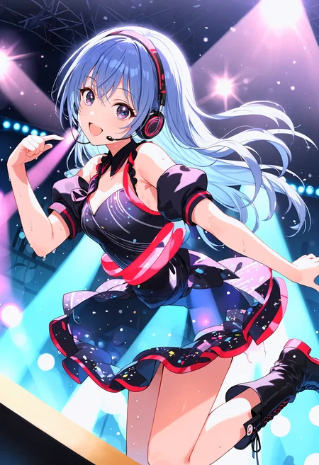 h_suzuki, score_9, best quality,
1girl, solo, long hair, smile, hairband, bangs, open mouth, blue hair, hair between eyes, blue eyes, purple eyes,
sweat drop, glowstick, lights, bare arms, multicolored dress, boots, concert, detached sleeves, dress, idol, idol clothes, indoors, posing on stage, puffy detached sleeves, puffy short sleeves, puffy sleeves, short sleeves, solo focus, spotlight, idol concert, looking at viewer, headset, colorfull stage, stage lights, pillar, neon
<lora:h_suzukiXL_pony:1>