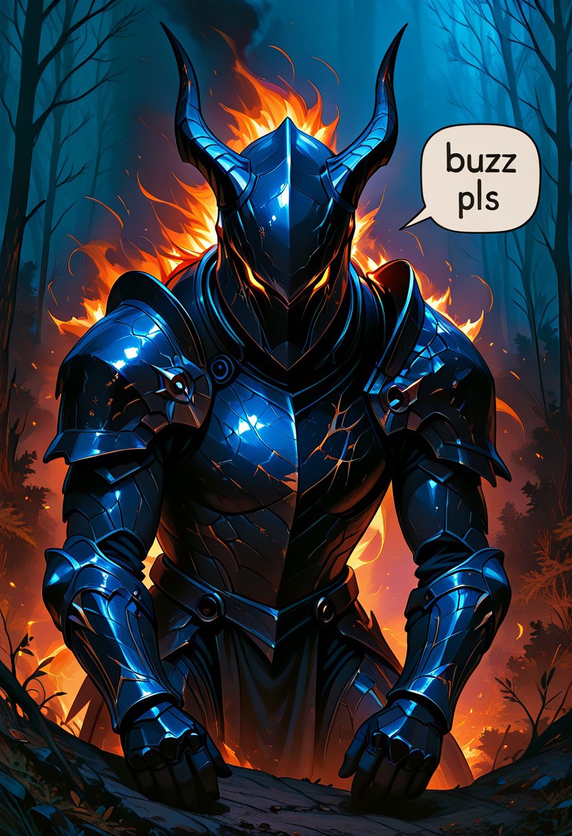 Most beautiful, Masterpiece, cinematic lighting, ultra HD resolution, 4K, 8K 16K, post processing shader, HDR, ultra detail, amazing quality, dark fantasy theme, 1 man, human, dark knight, dragon armor, dark knight helmet, monsterous design armor detail, charging Ki pose, dark forest, battle aftermath, half body, buzz pls, speech bubble