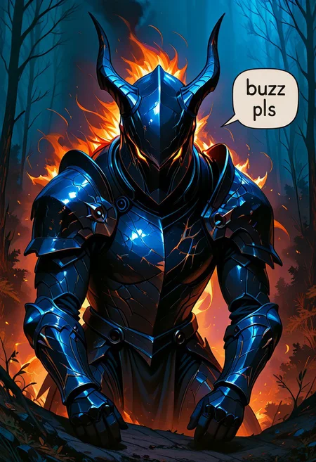 Most beautiful, Masterpiece, cinematic lighting, ultra HD resolution, 4K, 8K 16K, post processing shader, HDR, ultra detail, amazing quality, dark fantasy theme, 1 man, human, dark knight, dragon armor, dark knight helmet, monsterous design armor detail, charging Ki pose, dark forest, battle aftermath, half body, buzz pls, speech bubble