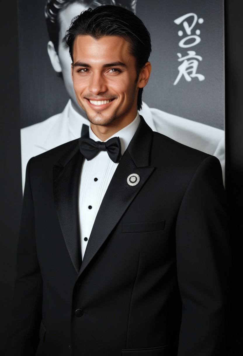 raw photo, 28yo male agent AM33R stand in front of posters, wearing (tuxedo uniform),short elegant hair