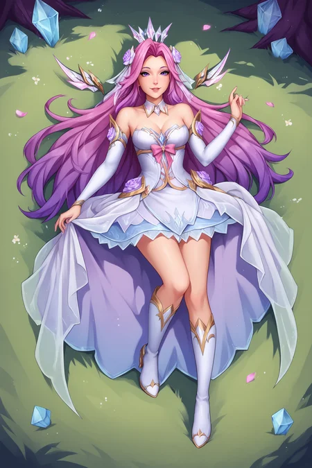 score_9, score_8_up, score_7_up, score_6_up, BREAK, SeraphineCRLoLXL, purple eyes, pink hair, purple hair, multicolored hair, long hair, parted bangs, hair flower, hair ornament, crystal crown, medium breasts, floating object, detached collar, bare shoulders, white dress, dress ornament, pink bow, detached slevees, white skirt, white thigh boots, high hells, solo, lying on grass, seductive smile, looking at viewer, forest, tree <lora:SeraphineCRLoLXL:0.8>