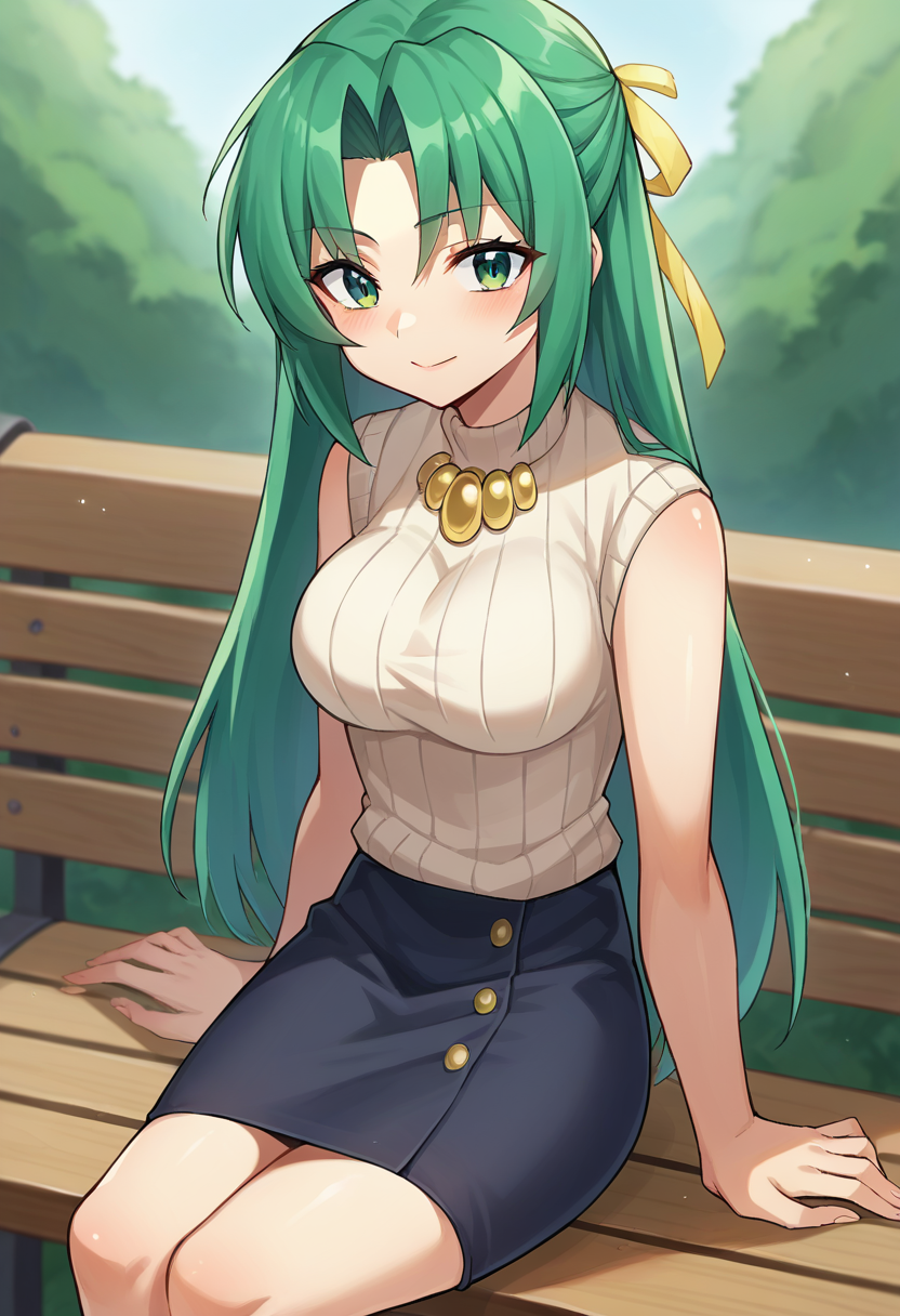 score_9, score_8_up, score_7_up, 1girl, solo, source_anime  BREAK  sonozaki shion, green hair, long hair, green eyes, yellow ribbon, turtleneck sweater, black skirt, yellow necklace, sitting on bench,  <lora:SHionAdapt0.5 15-000010:1>