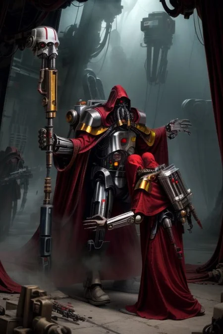 ((masterpiece,best quality)), absurdres, BREAK
mechanical arms, robes, hood, BREAK
((techpriest)), cyborg, mechanical face, mechanical limbs, gas mask, mechanical tentacles, (mechanical backpack), red cloak, BREAK
1other, solo, holding gun, weapon, gun, firearm, BREAK
(star wars),