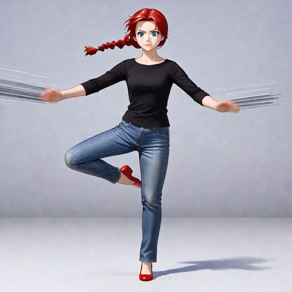 freebo_pirouette, 1woman, gorgeous, hourglass figure, solo, red hair, source_anime, anime, braid, blue eyes, masterpiece, source_anime, basic background, ,motion blur, jeans, black shirt, solo, score7_up, full body