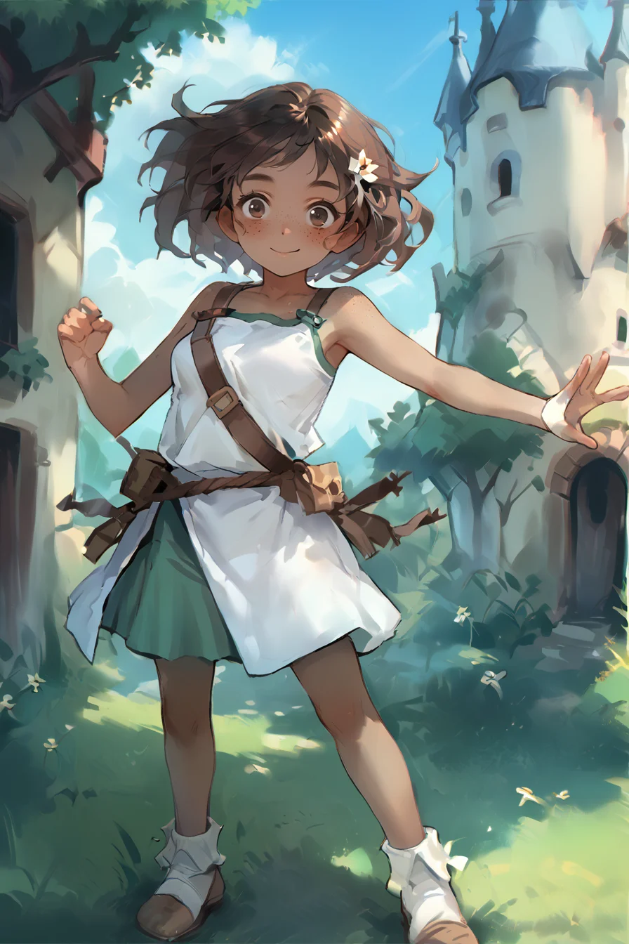 score_9, score_8_up, score_7_up, score_6_up, score_5_up, source anime, BREAK, (dark skin), brown hair, 1girl, solo, (freckles), (full body), castle town, outdoors, bare arms, looking at viewer, smile, closed mouth, blush, breasts, (armor), <lora:rong_hui:0.9> <lora:QUASARCAKEXLP6lokrV42310:0.55> (action pose) <lora:1e2_r1:1> , 1e2,