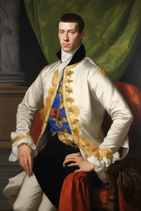 John Singleton Copley Style - an old master classical oil painting of a handsome muscular European prince wearing chinoiserie fashion in the style of Ingres for the louvre