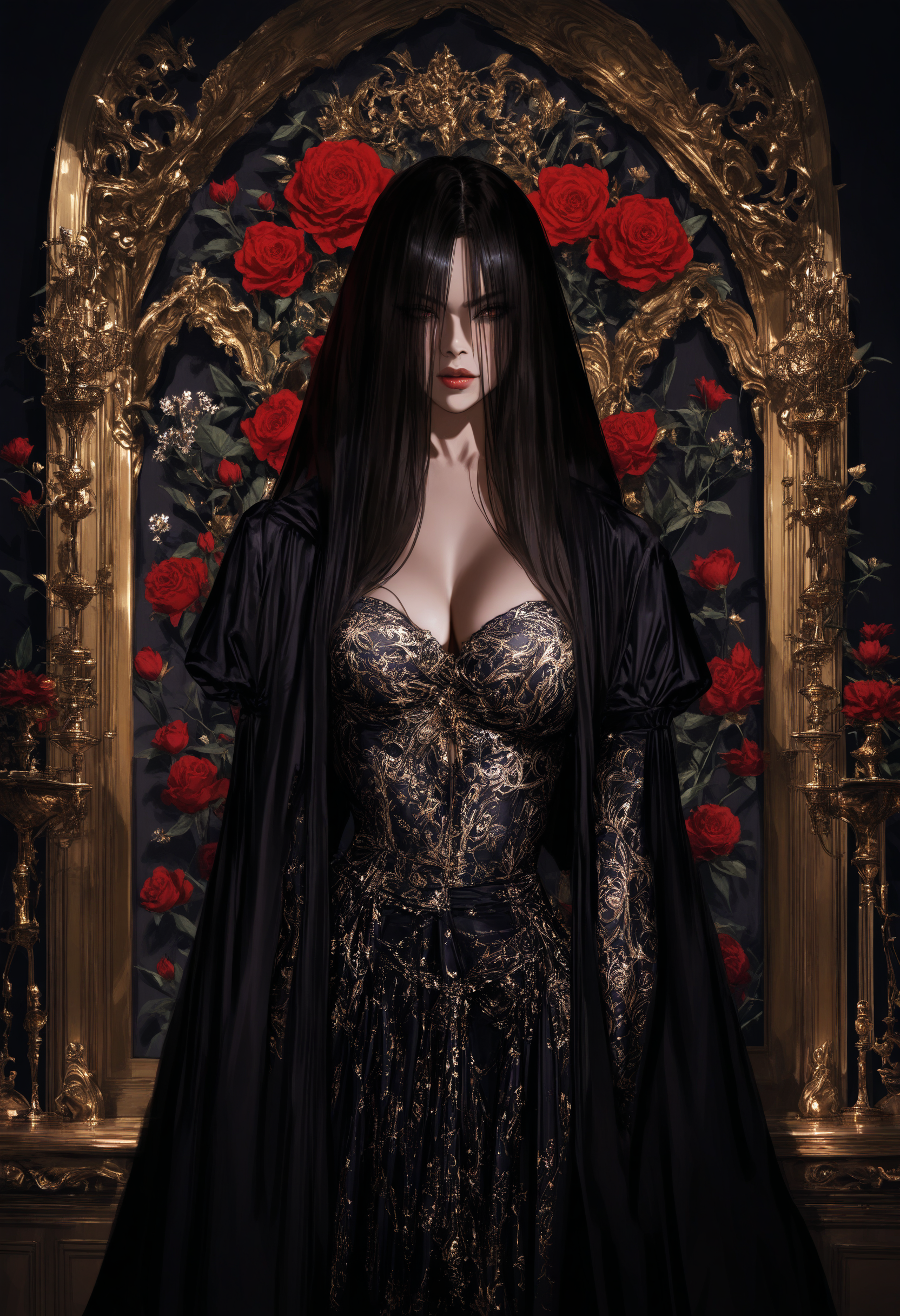 Gothic style masterpiece,high score,great score,absurdres,  ., a couple of women standing next to each other in a room with blood on their faces and hands on their mouths [22],, <lora:br3k1ngd0un:1>,(br3k1ngd0un, realistic, Clarice Beckett, international gothic, dark shadows),, red rose [2], <lora:Haut3C0t0ur3V01:0.6>, (haut3c0t0ur3v01, style, haut3c0t0ur3, Alexander McQueen, fantastically gaudy),, print bikini [2], Luxury, Gold, silver, black, purple . Dark, mysterious, haunting, dramatic, ornate, detailed