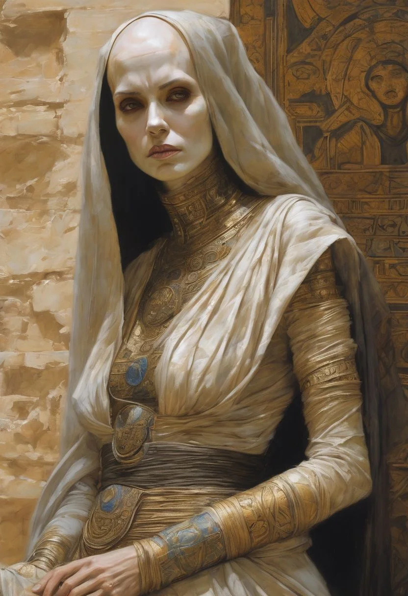 Asajj Ventress as a Mummu By Luis Royo and Basil Logos and Donato Giancola and Frank Xavier Leyendecker painted illustration: hips-up portrait of a scowling angray Asajj Ventress (pale and pallid skin, completely bald) wrapped in mummy linens, mummy wrapped in linen withered Persian face wandering alone in the Egyptology museum : dynamic action pose, 32k resolution, molecular precision.