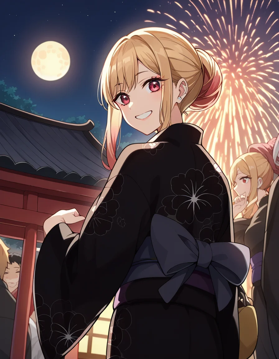 score_9, score_8_up, score_7_up, source_anime,
marinkitagawa, <lora:marin-kitagawa-ponyxl-lora-nochekaiser:1>,
marin kitagawa, long hair, bangs, blonde hair, red eyes, multicolored hair, smile,
japanese clothes, kimono, bag, sash, obi, floral print, yukata, (black kimono:1.5), hair bun, single hair bun,
outdoors, shrine, fireworks, festival, night sky, moon, starry sky,
looking at viewer, cowboy shot, dutch angle, dynamic pose,