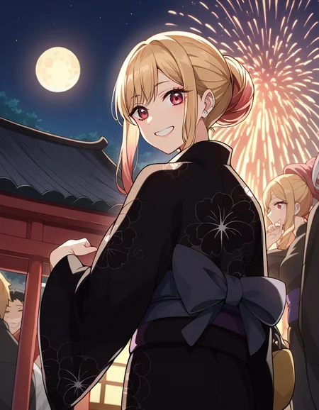 score_9, score_8_up, score_7_up, source_anime,
marinkitagawa, <lora:marin-kitagawa-ponyxl-lora-nochekaiser:1>,
marin kitagawa, long hair, bangs, blonde hair, red eyes, multicolored hair, smile,
japanese clothes, kimono, bag, sash, obi, floral print, yukata, (black kimono:1.5), hair bun, single hair bun,
outdoors, shrine, fireworks, festival, night sky, moon, starry sky,
looking at viewer, cowboy shot, dutch angle, dynamic pose,