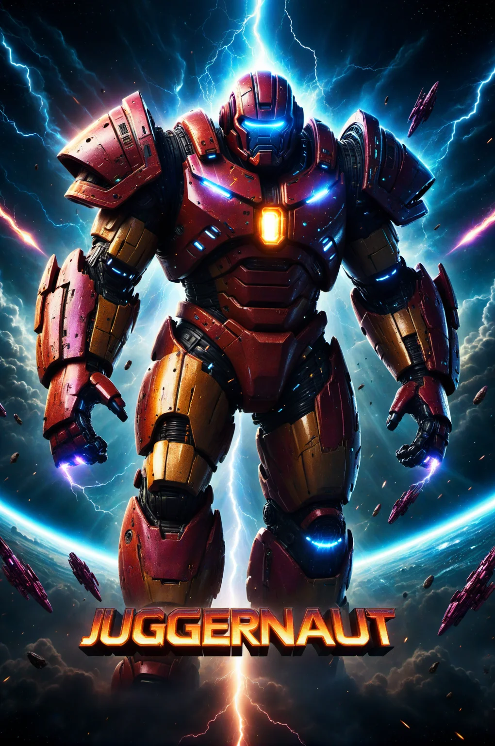 "JUGGERNAUT" text as movie title, sci-fi blockbuster movie poster design, cosmic art, masterpiece, vibrant colors, rim lighting, high detail, 16k, bokeh, rich vivid colors, glow, lightning strikes and spaceships in the background, black background, front view, electronic circuit and chip <lora:xl_more_art-full_v1:0.5> <lora:add-detail-xl:0.6> <lora:Harrlogos_v1.1:1>