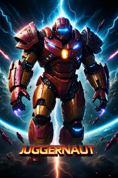 "JUGGERNAUT" text as movie title, sci-fi blockbuster movie poster design, cosmic art, masterpiece, vibrant colors, rim lighting, high detail, 16k, bokeh, rich vivid colors, glow, lightning strikes and spaceships in the background, black background, front view, electronic circuit and chip <lora:xl_more_art-full_v1:0.5> <lora:add-detail-xl:0.6> <lora:Harrlogos_v1.1:1>