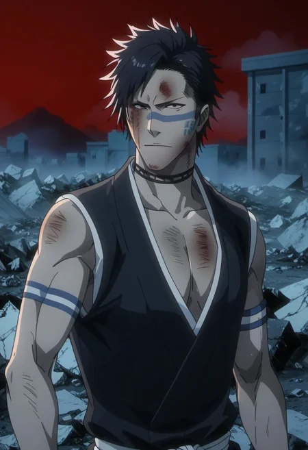 score_9, score_8_up, rating_nsfw, ultra hd, absurdres, best quality, ultra quality, masterpiece, masculine, male focus, best anatomy, best eyes, best hands, sexiest man alive, erotic, gay porn, hand with five fingers, mature male, anime screencap,
HisagiShuhei69, 1boy, face portrait, black sleevless Kimono, bruise, injury, destroyed buildings, red sky, detailed background